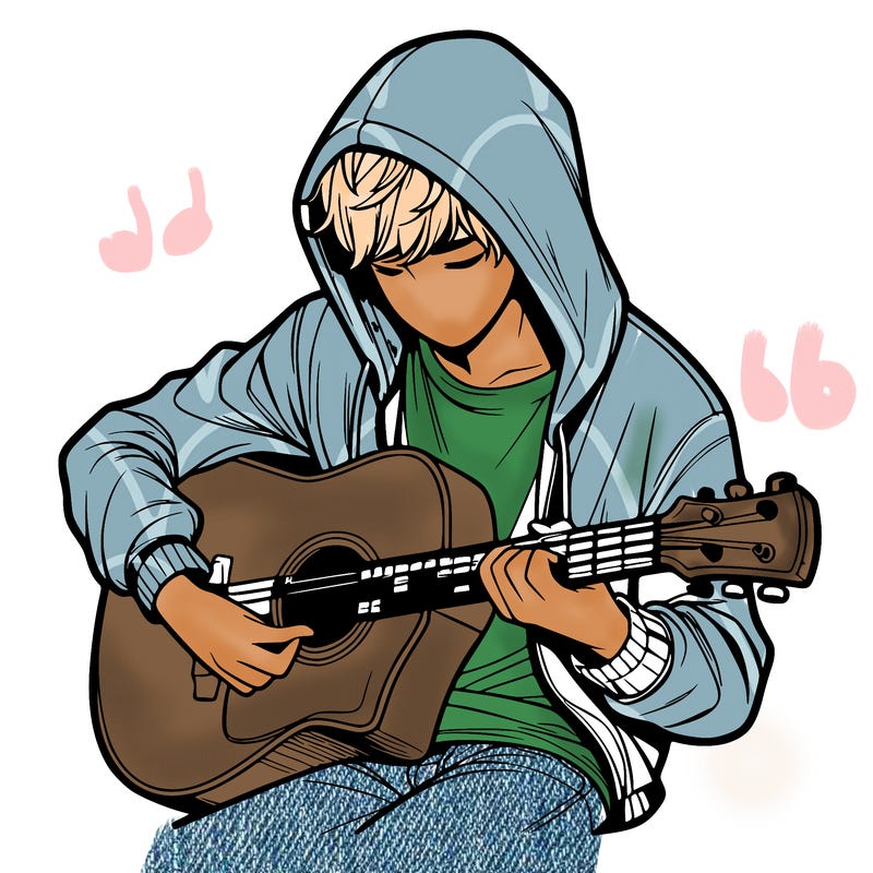 realistic boy in hoodie playing guitar