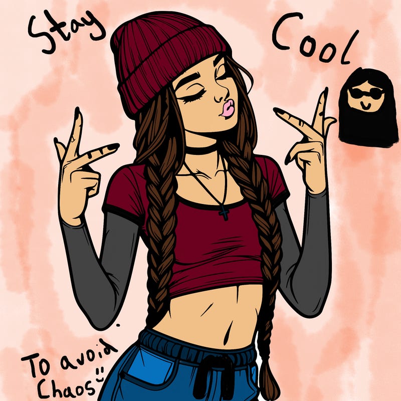 realistic teenage girl with braids and a beanie and crop top doing 🫶🏼