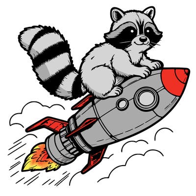 realistic raccoon flying on top rocket ship
