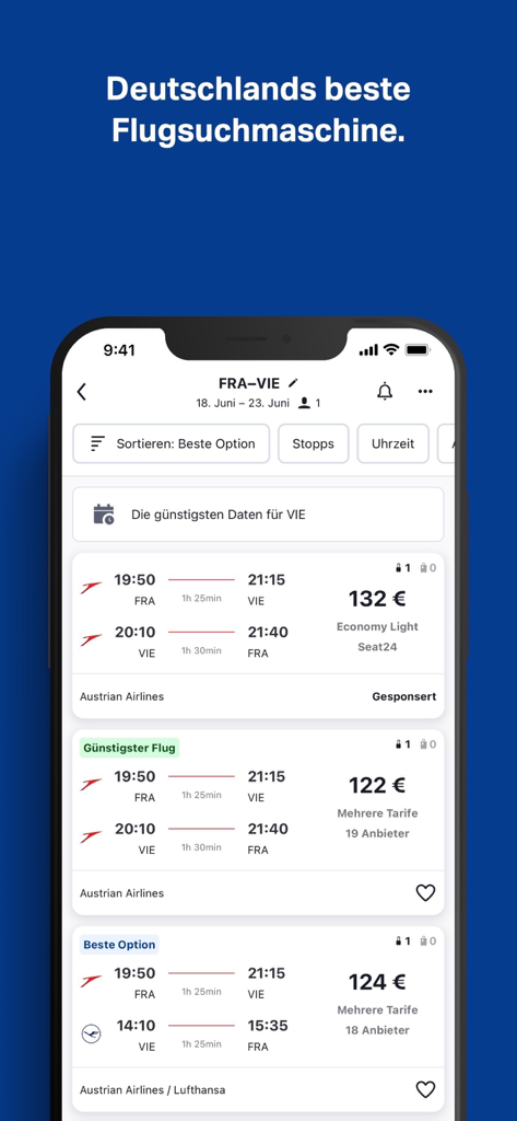 SWOODOO: Flüge, Hotels & Autos - Aplicativo móvel SWOODOO exibindo resultados de pesquisa de voos de Frankfurt para Viena com várias opções de preço e companhia aérea