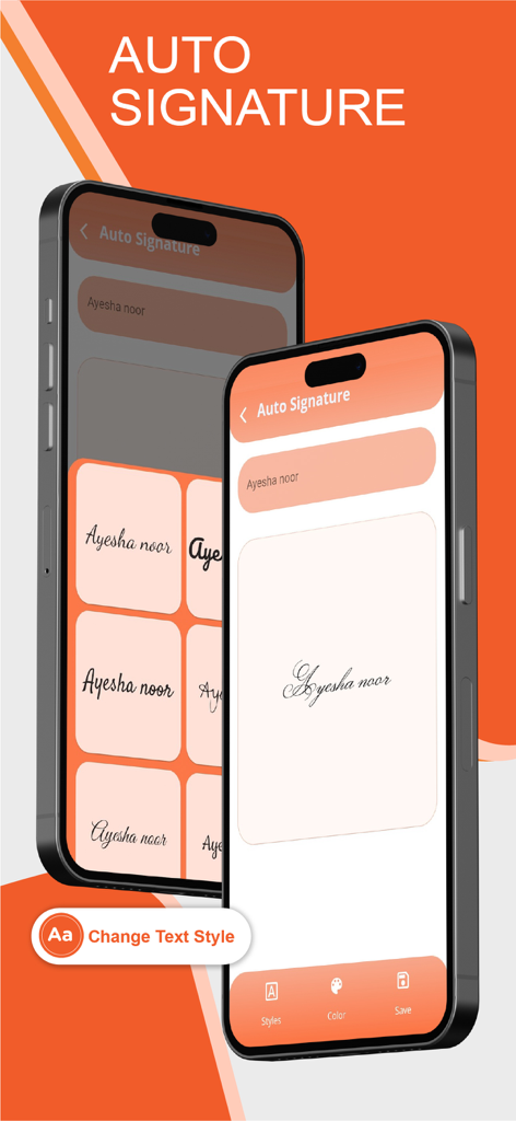 Digital Signature Stamp E Sign - Mobile app interface showing automatic signature generation from typed text with various font styles