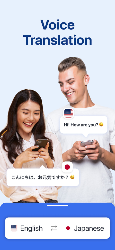 Photo Translator AI - A man and woman using voice translation between English and Japanese on their smartphones