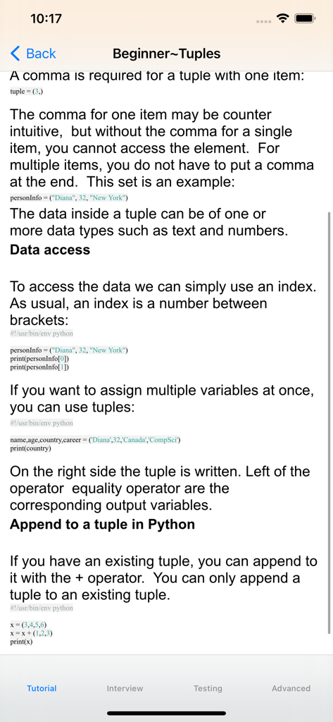 Uma aula para iniciantes sobre tuplas Python no aplicativo Tutorial de Python, mostrando exemplos de código para acesso a dados e atribuição de variáveis.