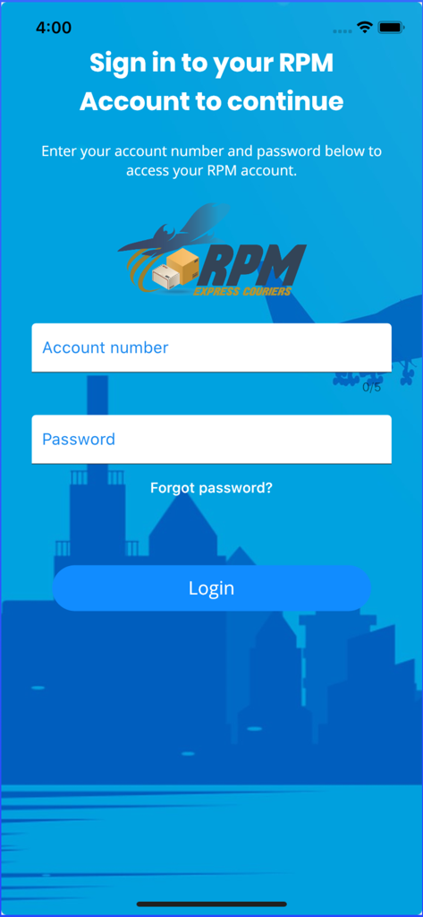 RPM Express Couriers - RPM Express Couriers app login screen with account number and password fields.