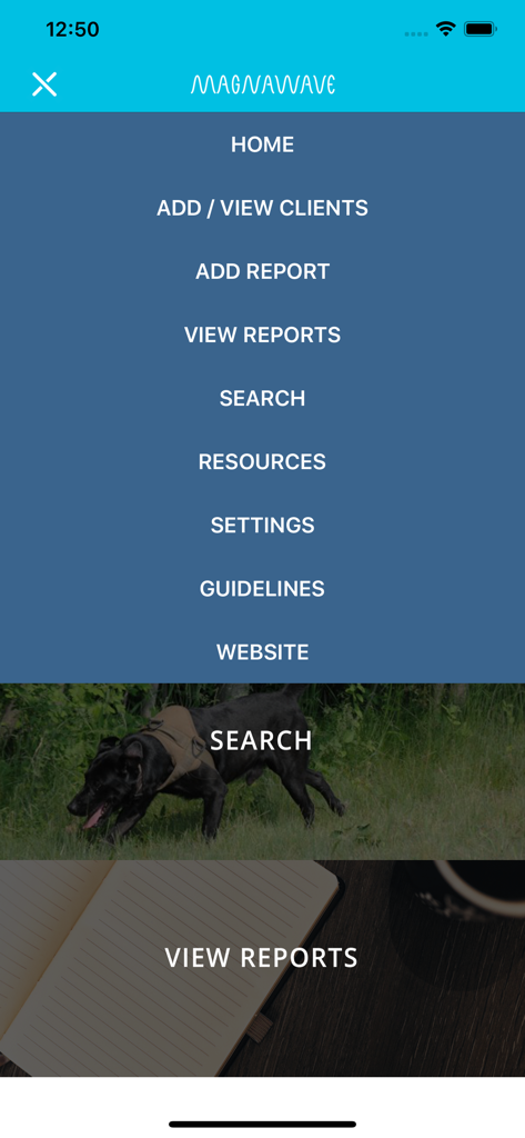 Main menu of the Magna Wave app featuring options for client management, reports, and practitioner resources.