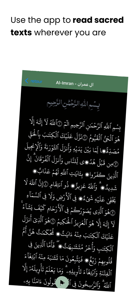 Taqwa Planner - Interface do aplicativo Taqwa Planner mostrando a Surah Al-Imran do Alcorão em texto árabe em um fundo de modo escuro.