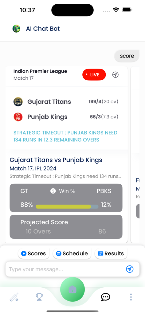 Una captura de pantalla de la aplicación Star Sports Live que muestra una interfaz de chat de IA con puntuaciones de cricket en vivo y predicciones de probabilidad de victoria para un partido de la IPL entre Gujarat Titans y Punjab Kings.