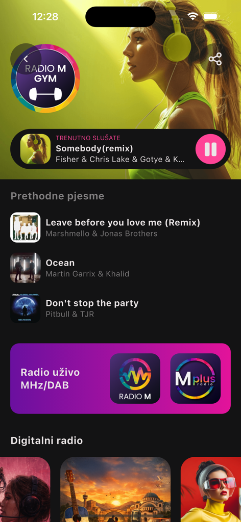 Radio M - Radio M app music player interface showing the gym channel with current and previous song history and live radio selection