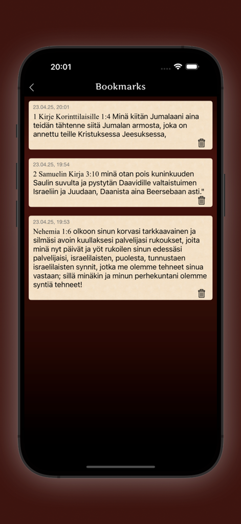 Bookmarks screen in the Finnish Bible app displaying saved scripture verses