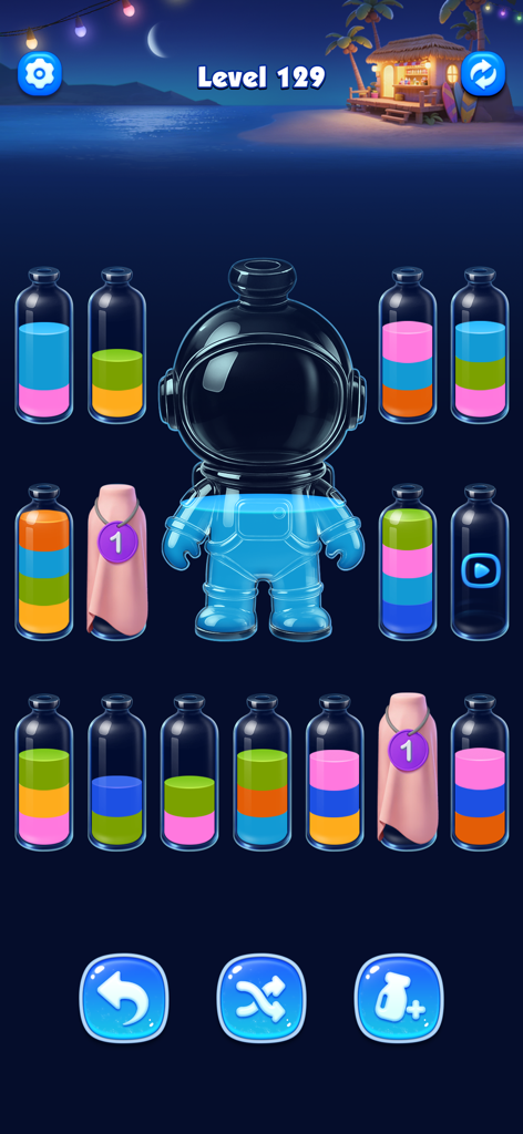 Nível Water Sort 3D com uma garrafa em forma de astronauta e tubos de classificação de líquidos coloridos