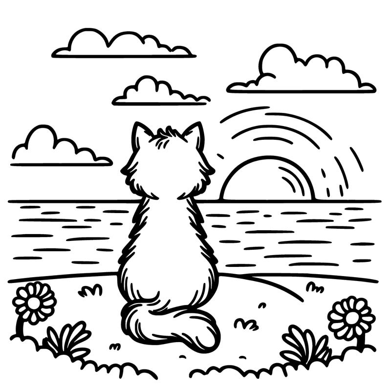 cat sitting towards a sunset