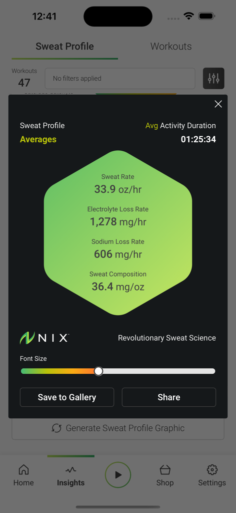Nix Solo - Nix Solo App zeigt eine Zusammenfassung des Schweißprofils mit Echtzeit-Flüssigkeits- und Elektrolytverlustdaten an.