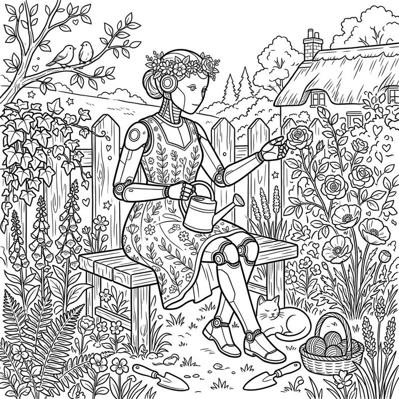 Step into a whimsical world where technology meets nature with this unique Gynoid Cottagecore coloring page. Discover a serene female robot adorned with flowers, tending her lush garden, ready for your creative touch.