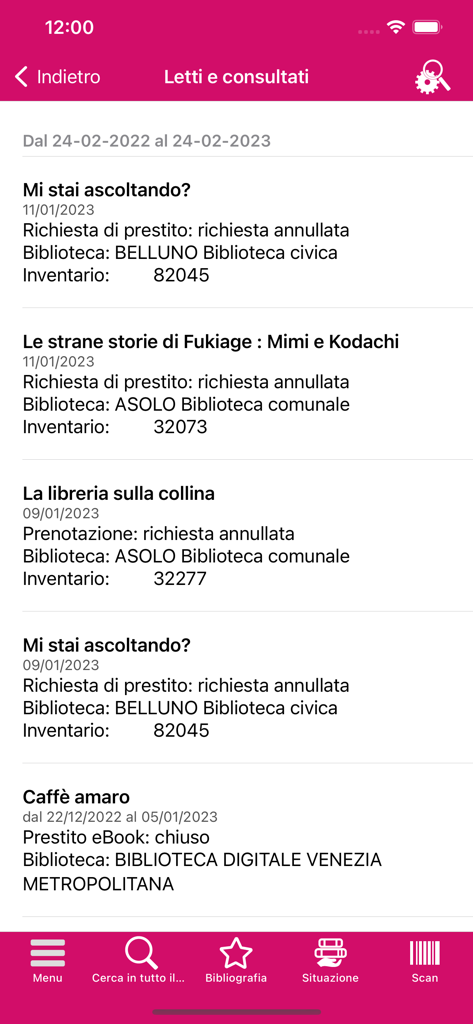 TVB - La schermata della cronologia prestiti dell'app della biblioteca TVB che mostra un elenco di libri e i loro stati di prestito.