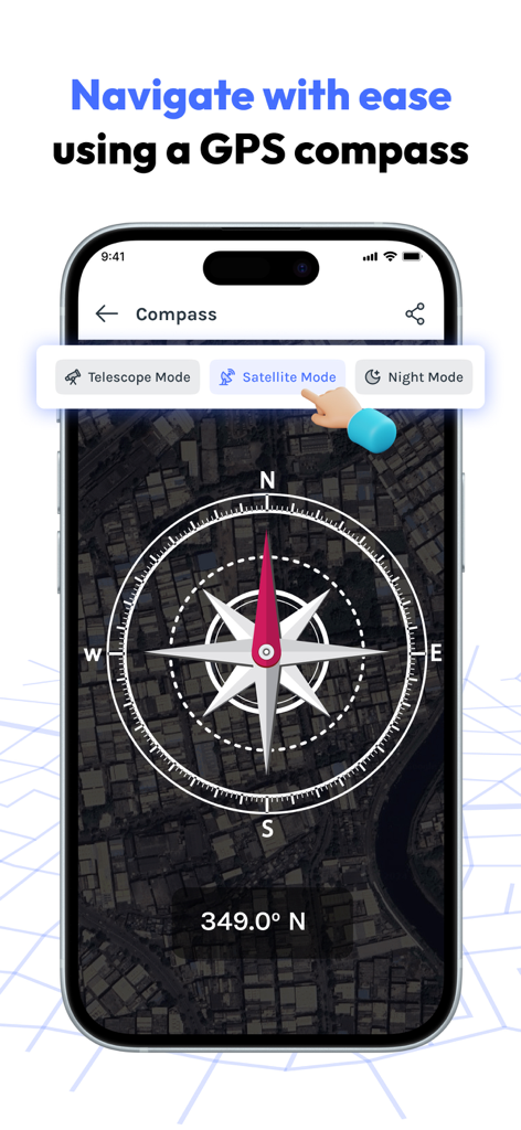 Digital GPS compass with satellite map background in the FieldCalc app