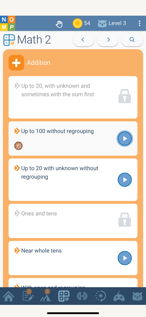 Nomp - Interface of the Nomp app showing a list of addition math exercises with student levels and coin rewards