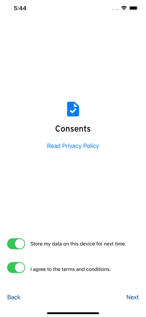 Écran de consentement dans l'application Experian Candidate RTW avec des interrupteurs pour accepter les conditions d'utilisation et stocker les données sur l'appareil.
