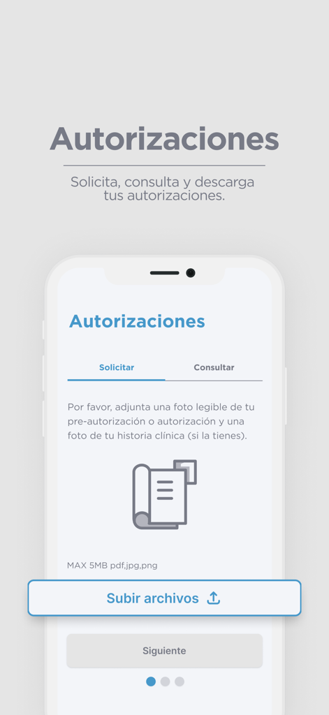 APP NUEVA EPS - Pantalla de smartphone de la app Nueva EPS que muestra la función de solicitud de autorización médica con opción de carga de archivo.