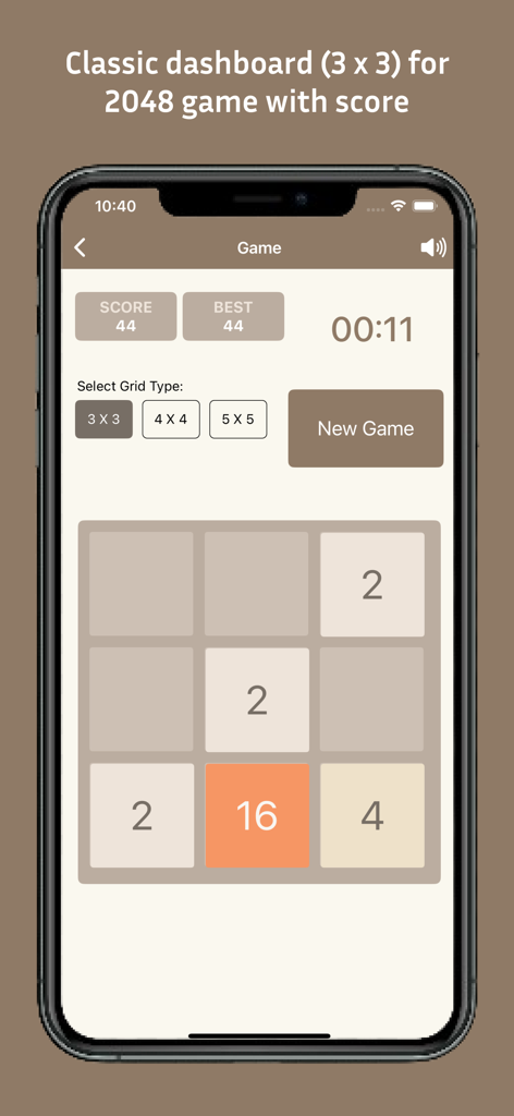 Una captura de pantalla móvil del juego de rompecabezas 2048 con una cuadrícula de 3x3 y fichas numéricas