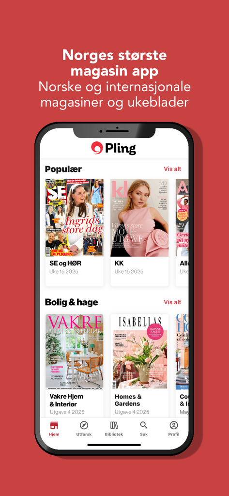 Pling No - The home screen of the Pling No app featuring Norwegian and international magazine covers like KK and Se og Hor