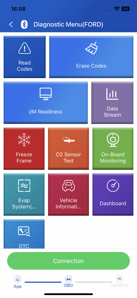 KDIAG - Menú de diagnóstico de la aplicación KDIAG para vehículos Ford que muestra funciones OBD2 como leer códigos y flujo de datos