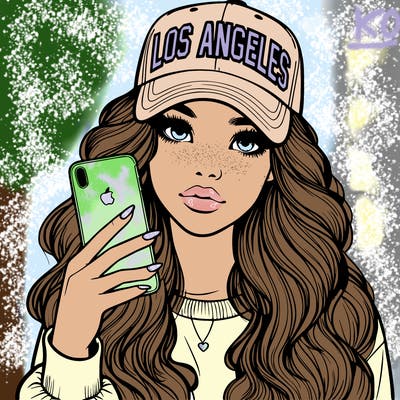 realistic beautiful girl wearing los ángeles cap holding an iphone