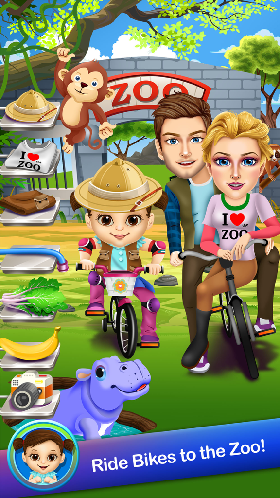 A family of characters in the My Dina game riding bikes to the entrance of a zoo.