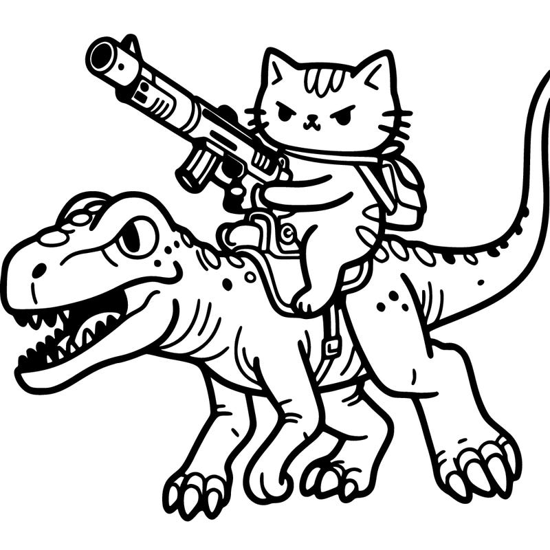 a cat riding a dinosaur holding a gun