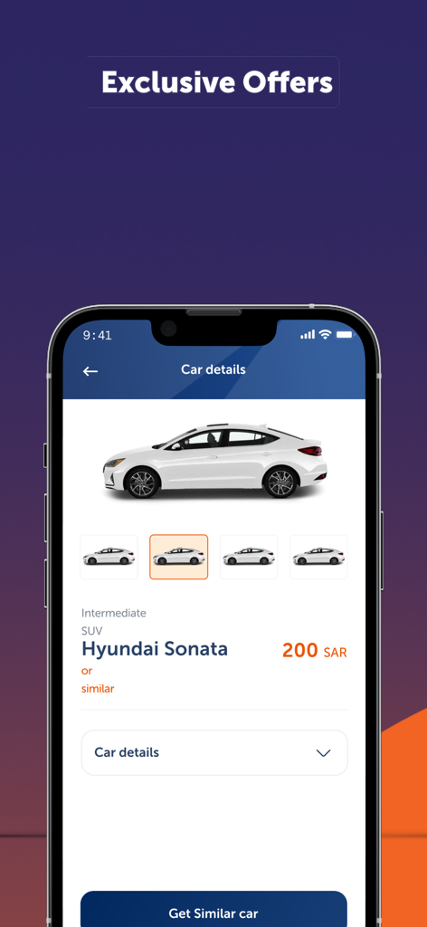 Budget Saudi Car Rental - Budget Saudi mobile app showing car details and pricing for a Hyundai Sonata rental