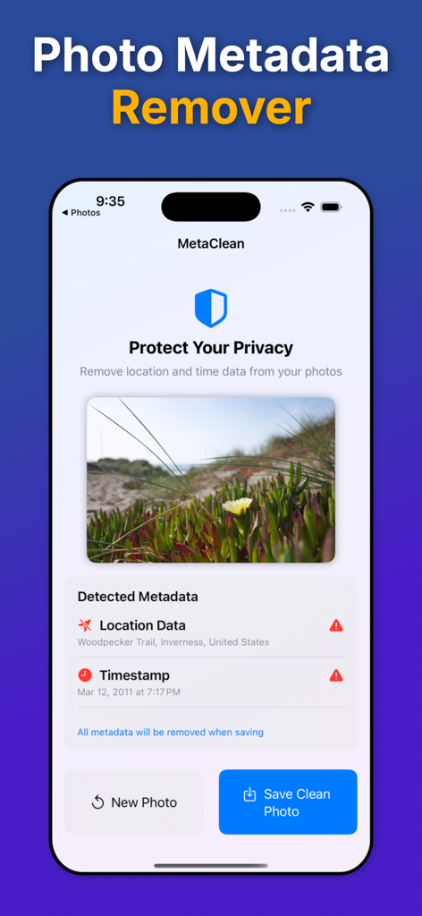Metadata Remover - Photo EXIF - Interface do aplicativo MetaClean mostrando a localização detectada e os metadados de data/hora em uma foto pronta para remoção para proteger a privacidade do usuário.