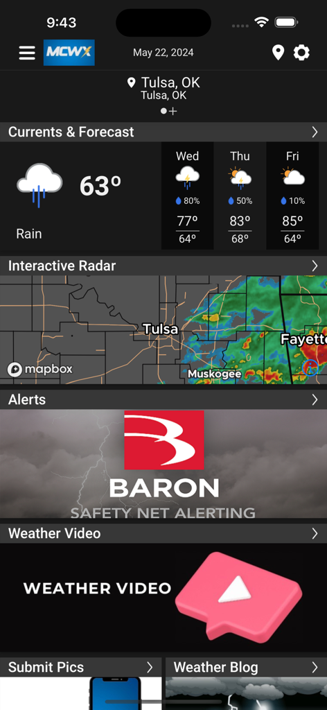 MCWX - Interface of the MCWX weather app featuring a local forecast and interactive radar for Tulsa Oklahoma.