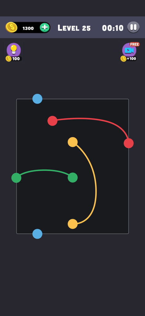 Same Color: Connect The Dots - A color matching puzzle game screen showing dots connected by curved lines