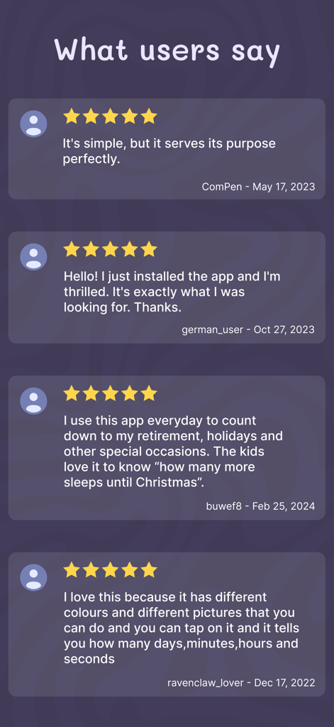 A collection of 5-star user testimonials for the Day Counter app highlighting its simple design and customizable countdown features.