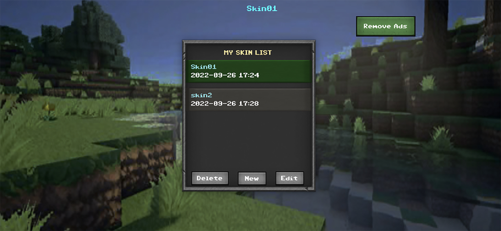 Une liste de skins Minecraft enregistrés dans l'application de création de skins avec des options pour éditer ou en créer de nouveaux
