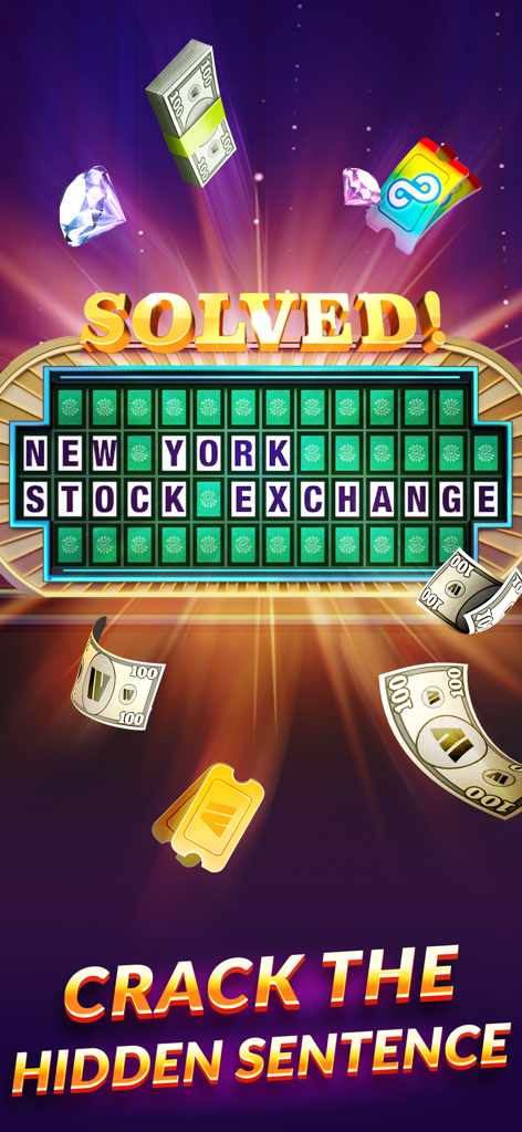 Wheel of Fortune: Show Puzzles - Pantalla del juego Wheel of Fortune mostrando un puzzle resuelto de la Bolsa de Nueva York con recompensas flotantes.