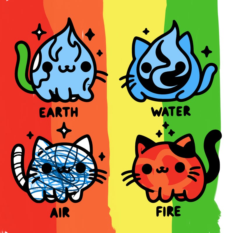 4 cats that represent the different elements, earth, water, air, and fire