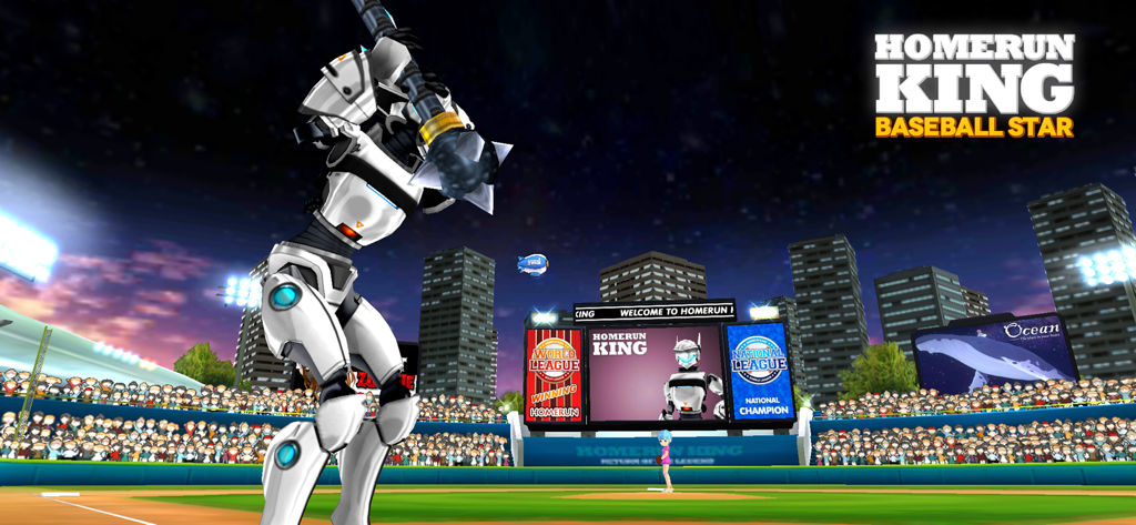 Homerun King™ - Baseball Star - A futuristic robot baseball player at bat in a crowded stadium at night with the Homerun King logo.