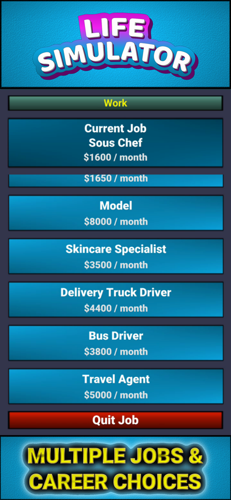 Life Simulator - Business Game - Life Simulator game screen showing a list of jobs like Sous Chef Model and Travel Agent with monthly salaries