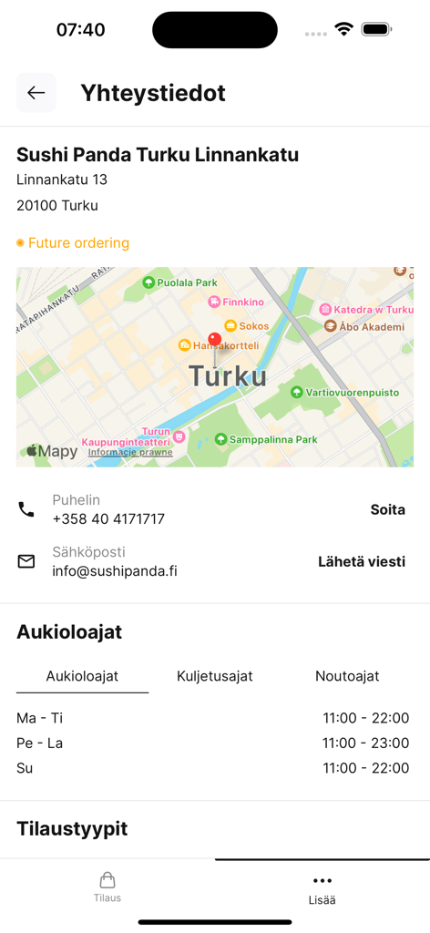 Sushi Panda App - Tela de informações de contato do aplicativo Sushi Panda mostrando mapa de localização do restaurante e horários de funcionamento