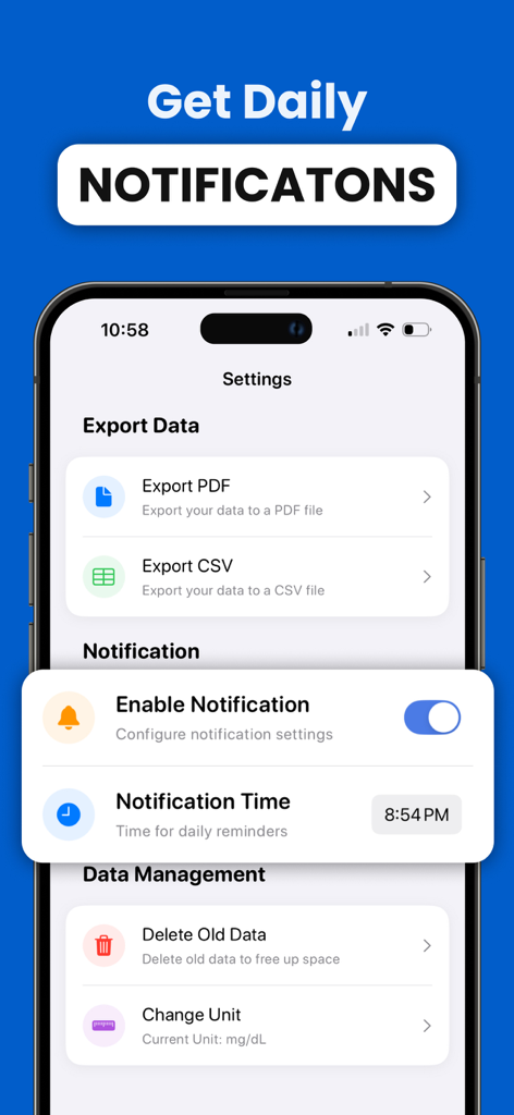 Pantalla de configuración de la aplicación EasyGluco que muestra controles de notificación de azúcar en sangre y opciones de exportación de datos en PDF o CSV