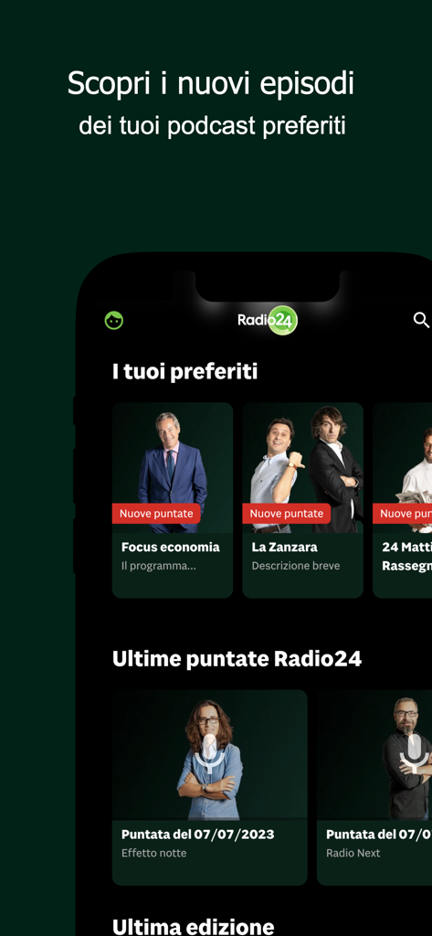 Radio 24 mobile app interface displaying favorite podcasts and latest episodes on the home screen
