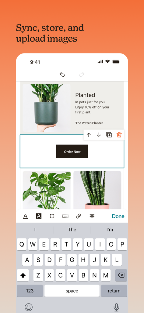 Editor de emails de la app de Mailchimp mostrando una campaña de marketing de tienda de plantas con imágenes y botón de pedido