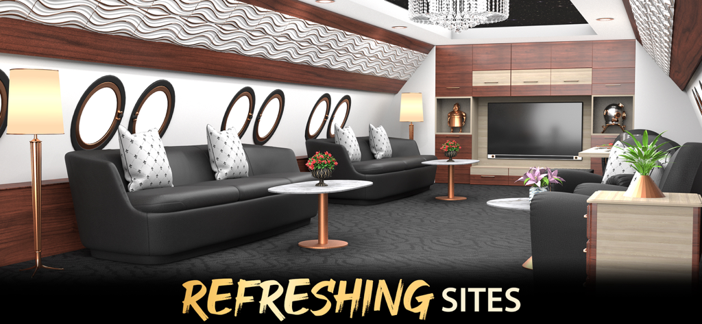 My Home Design Luxury Makeover - Modern private jet interior featuring black leather sofas and marble coffee tables