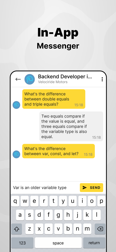 DING Jobs - Student Jobs - Tela de bate-papo direto no aplicativo DING Jobs mostrando um mensageiro no aplicativo para uma candidatura de estágio de desenvolvedor backend.