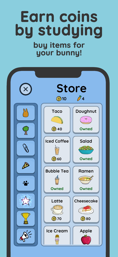 Study Bunny: Focus Timer - Interfaccia del negozio dell'app Study Bunny che mostra vari articoli alimentari come ciambelle e bubble tea acquistabili con le monete guadagnate studiando.