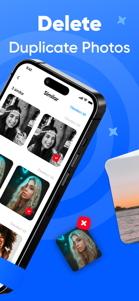 Cleaner Ultra: Clean Storage - A smartphone displaying the Cleaner Ultra app interface for deleting duplicate photos