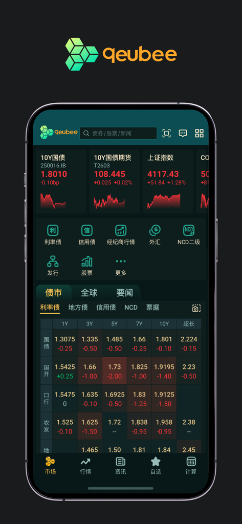 qeubee - A professional financial mobile dashboard showing real-time bond market data and interest rate matrices in dark mode.