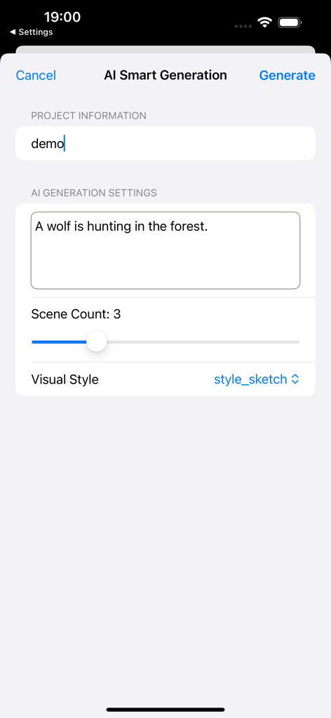 AI Smart Generation screen in SmartBoard app with a text prompt input and scene settings