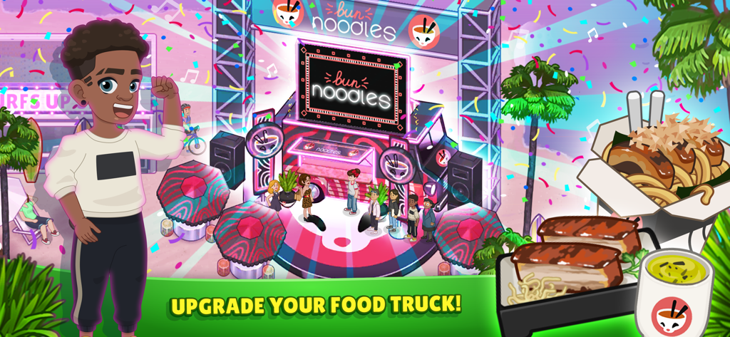 Kitchen Scramble 2: World Cook - Chef Pepper de pie frente a un camión de comida de fideos Bun de neón con el texto Mejora tu Camión de Comida.