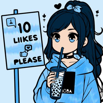 girl with a high ponytail and a hoodie drinking boba staring at a sign saying 10 likes please